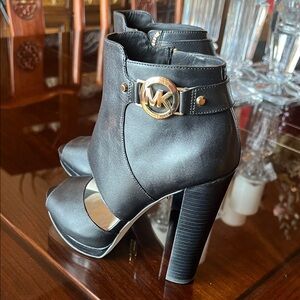 Michael Kors Black Leather Platform Ankle Booties with Gold Logo Accent